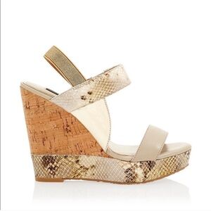 WHBM Cork Wedge Neutral Snake Print Taupe w/Gold Accents & Heel Strap 8.5M